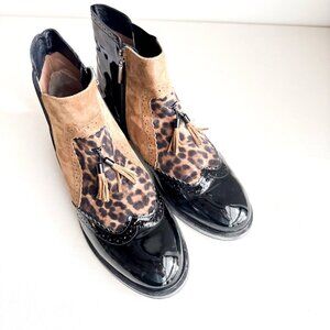 BeautyFeel Black Patent Leather Suede Animal Print Booties 42